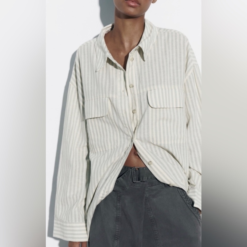 Zara Cotton-linen blend striped shirt with tie on back
